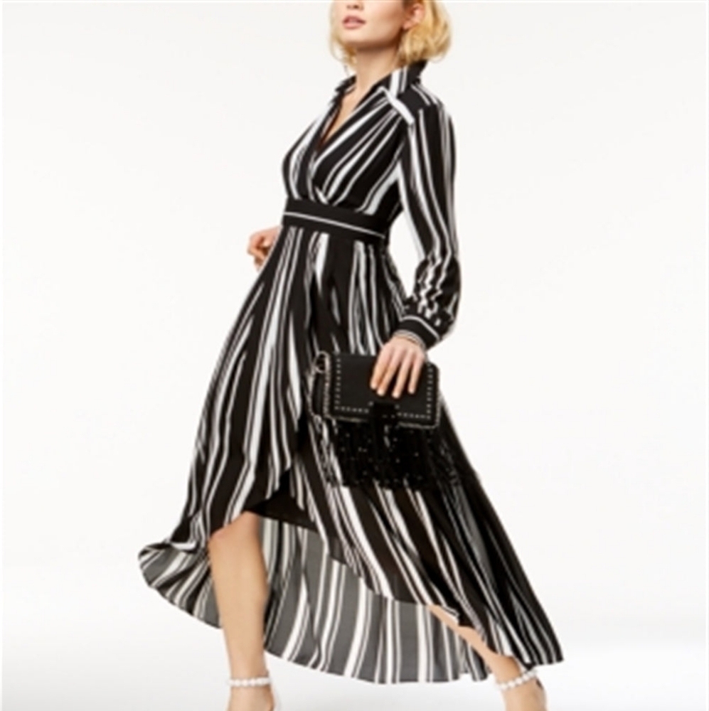 INC INTERNATIONAL CONCEPTS WOMEN'S STRIPED FAUX WRAP HIGH LOW MAXI DRESS